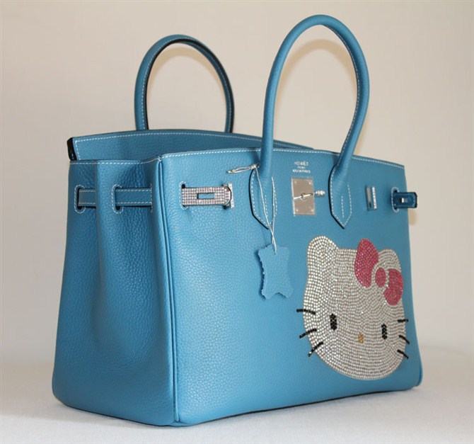 High Quality Fake Hermes Birkin Hello Kitty 35CM Togo Leather Bag Blue HK0001 (3) - Click Image to Close